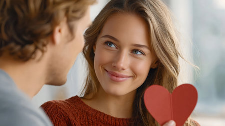 Happy woman holding a paper heart, smiling at her boyfriend during an intimate momentの素材