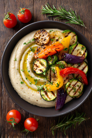 Hummus bowl with grilled vegetables, fresh herbs, and olive oil on a wooden tableの素材