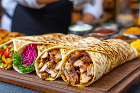 Delicious chicken wraps prepared for street food dining or takeawayの素材