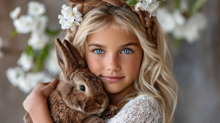 Blonde girl holding a rabbit, her hair adorned with white spring flowersの素材