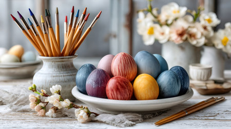 Painted and decorated easter eggs in a bowl with brushes and spring flowersの素材