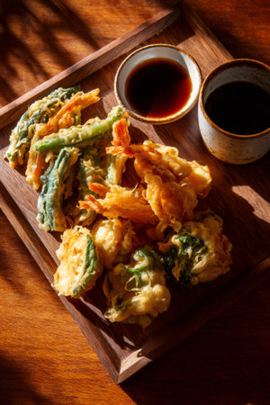 Fried tempura shrimp and mixed vegetables served with dipping sauce on a wooden trayの素材