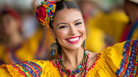 Young woman smiling while performing a traditional folk danceの素材