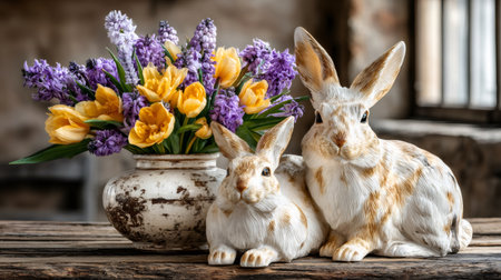Two ceramic bunnies sitting beside a vase of tulips and hyacinths on a wooden surfaceの素材