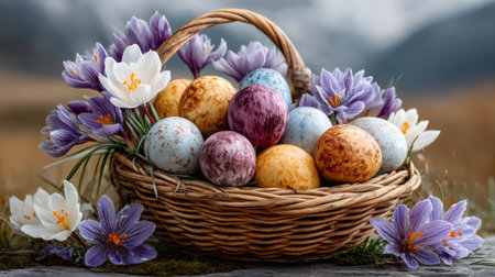 Easter basket filling with speckled eggs surrounded by white and purple crocus flowers celebrating springの素材