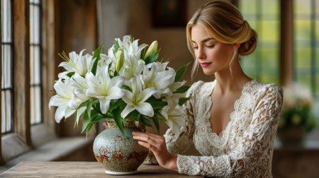 Elegant woman gently touching a vase of fresh white lilies, wearing a delicate lace dressの素材