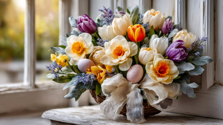Spring flower arrangement featuring tulips, daffodils, and pastel eggs in a rustic basketの素材