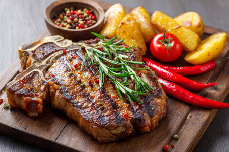 Grilled t bone steak served with rosemary, roasted potatoes, red chili peppers, and tomatoの素材