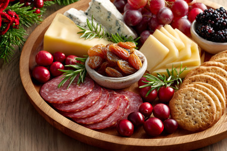 Festive charcuterie board presenting various cheeses, salami, cranberries, grapes, and crackersの素材