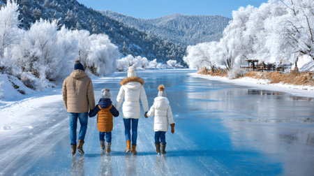 Family with children ice skating on a frozen river in a snowy winter landscapeの素材