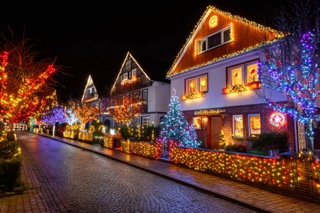 Houses and trees illuminating a festive neighborhood with colorful Christmas lightsの素材