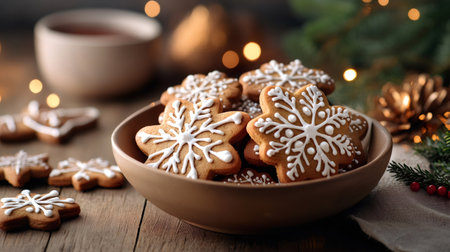 Gingerbread snowflake cookies in a bowl on a rustic wooden table with festive lightsの素材