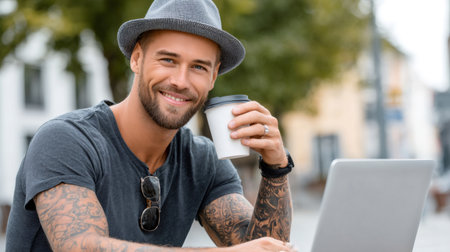 Happy young man enjoying coffee while using laptop in an urban settingの素材