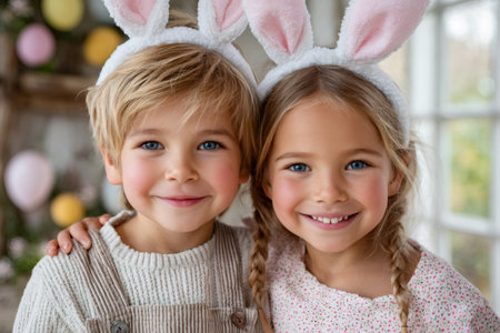 Two happy siblings wearing bunny ears smiling for an Easter portraitの素材