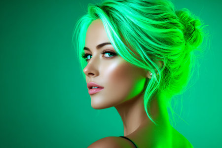 Woman with colorful green hair and makeup posing against a matching vibrant backgroundの素材