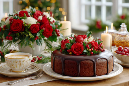 Christmas chocolate cake decorating a festive table with roses, berries, and coffeeの素材