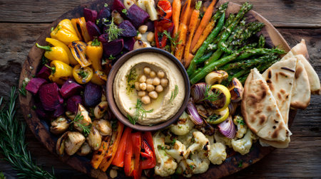 Hummus and crunchy chickpeas surrounded by roasted colorful vegetables and pita bread on a wooden boardの素材