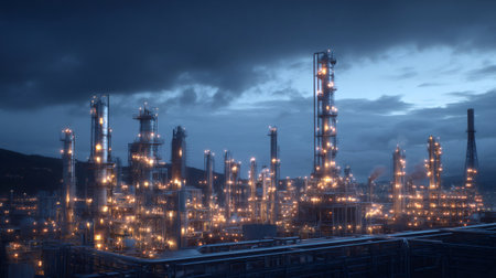 Modern oil refinery operating, processing energy resources against a dark skyの素材