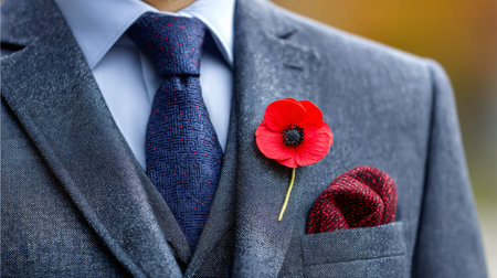 Man wearing a formal suit with a red poppy and pocket square, symbolizing remembrance and respectの素材