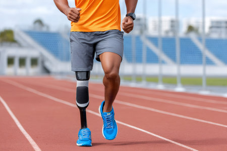 Man with prosthetic leg sprinting on a stadium running trackの素材