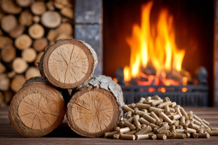 Wood logs, pellets, and a burning fire creating warmth and home comfortの素材