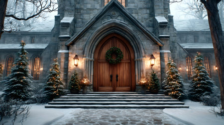 Stone church building with decorated Christmas trees and wreath at the entrance during winterの素材