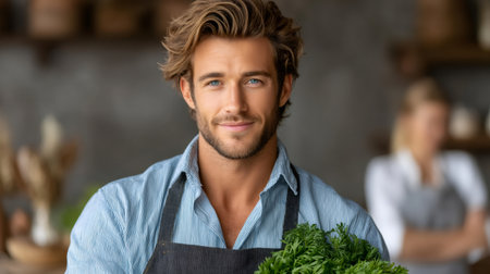 Smiling man wearing apron holding fresh produce at a local marketの素材
