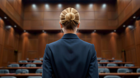 Woman standing with her back facing an empty courtroom, ready for a trial or presentationの素材