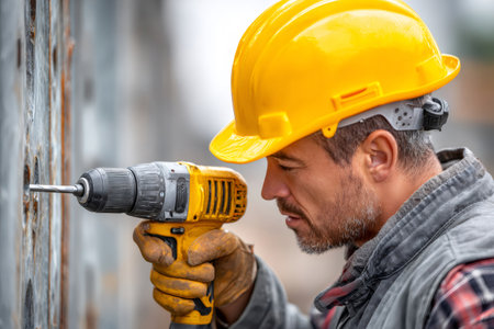 Focused man in hard hat and work gloves using a drill on a building siteの素材