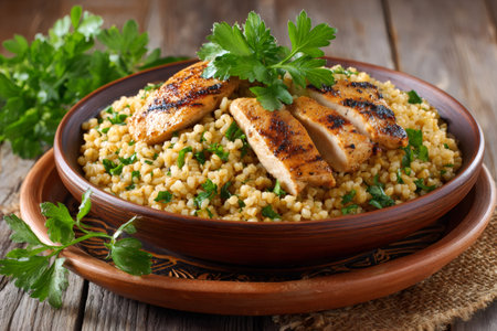 Grilled chicken breast strips served on bulgur with chopped parsley and fresh herb garnishの素材
