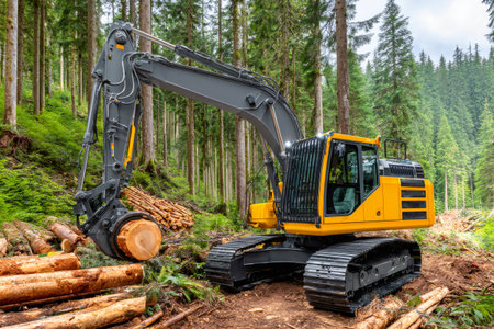 Powerful excavator machine moving logs in a timber harvesting operationの素材