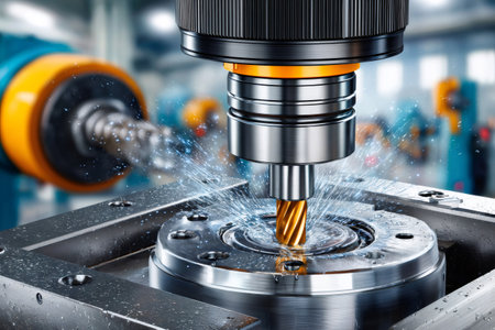 Cnc machine performing precision milling on a metal workpiece, with cooling liquid sprayingの素材