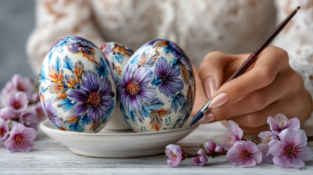 Woman's hand decorating easter eggs with delicate brushstrokes and beautiful flower patterns for holidayの素材