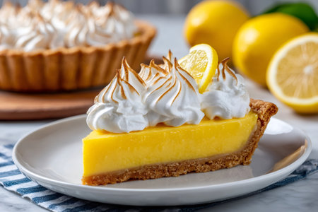 Lemon meringue pie slice on a plate, featuring a golden brown filling and torched meringueの素材