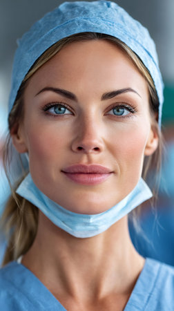 Woman professional working in healthcare sector with scrubs looking at cameraの素材