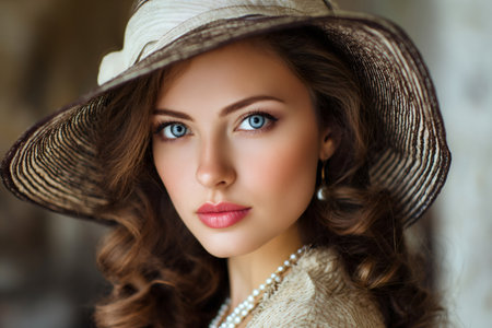 Woman posing in a hat and pearls, showcasing femininity and fashionの素材