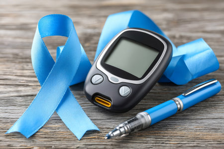 Blue awareness ribbon with a blood glucose monitor and injection device on a wooden surfaceの素材