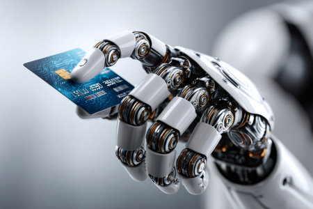 Robot hand holding a credit card, symbolizing modern digital finance and artificial intelligenceの素材