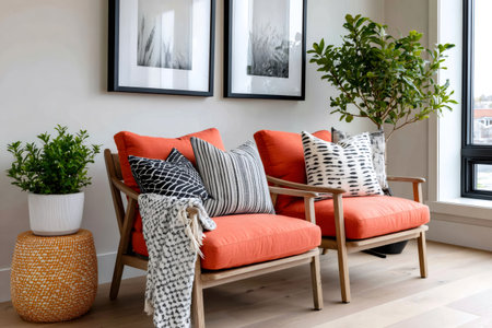 Living room featuring orange armchairs, decorative pillows, and green potted plants creating a cozy spaceの素材