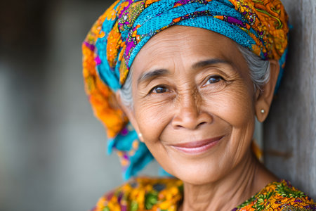 Content elderly asian woman smiling, showing wisdom and happiness in old ageの素材