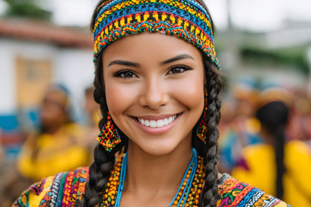 Smiling woman wearing vibrant cultural traditional clothing, headband, and beaded earringsの素材