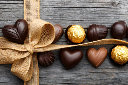 Assortment of heart shaped chocolates and pralines arranged with a burlap bow on wooden backgroundの素材