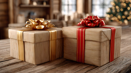 Two festive holiday presents with bows sitting on a rustic wooden surfaceの素材