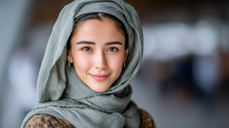 Portrait of a young middle eastern woman smiling, wearing a traditional headscarfの素材