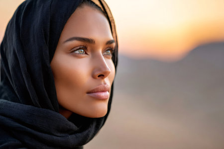 Woman wearing hijab looking into the distance with a desert sunset in the backgroundの素材