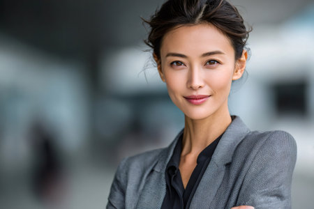 Asian businesswoman smiling with arms crossed, portraying confidence and corporate leadershipの素材