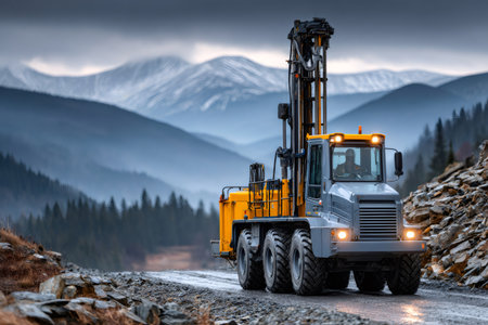 Drilling rig truck navigating a rough unpaved road with mountains in the backgroundの素材