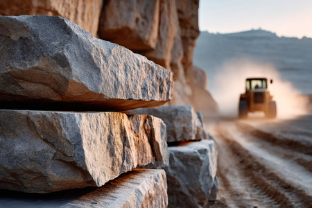Large stone blocks stacked beside a dusty road with a bulldozer in the backgroundの素材