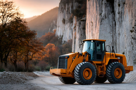 Heavy construction machinery working in an industrial quarry environment during autumnの素材