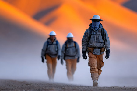 Team members trekking with protective gear in a dusty, hot desert environmentの素材